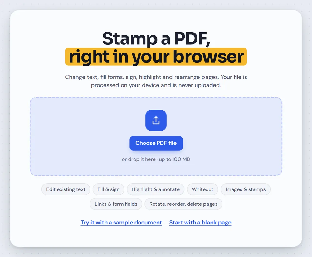 Open a document to stamp PDF pages by choosing it or dropping it on the editor