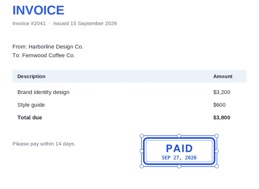 A PAID stamp with today's date placed after you stamp PDF invoices