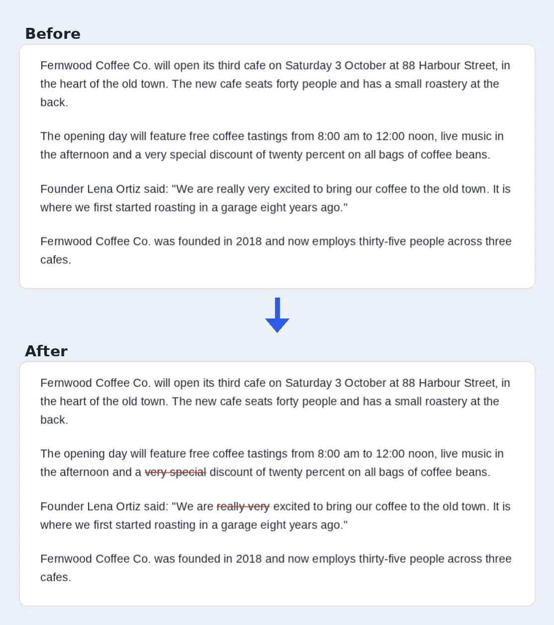 Before and after: extra words crossed out in a press release with the strikethrough PDF tool