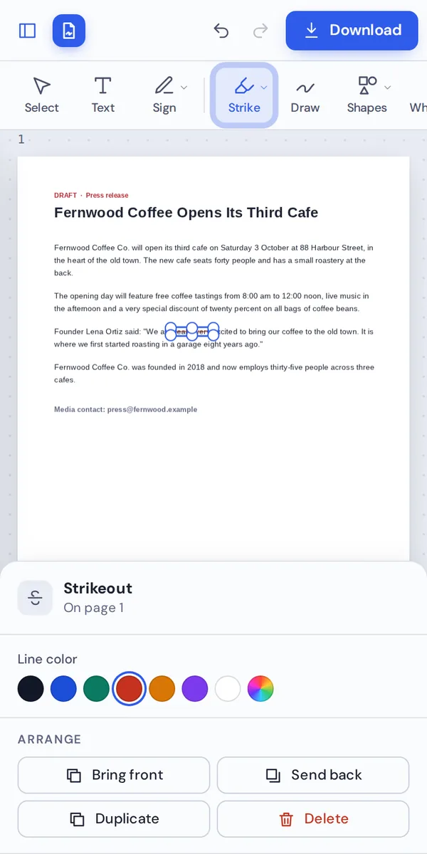 Strikethrough PDF text on a phone by dragging across the words