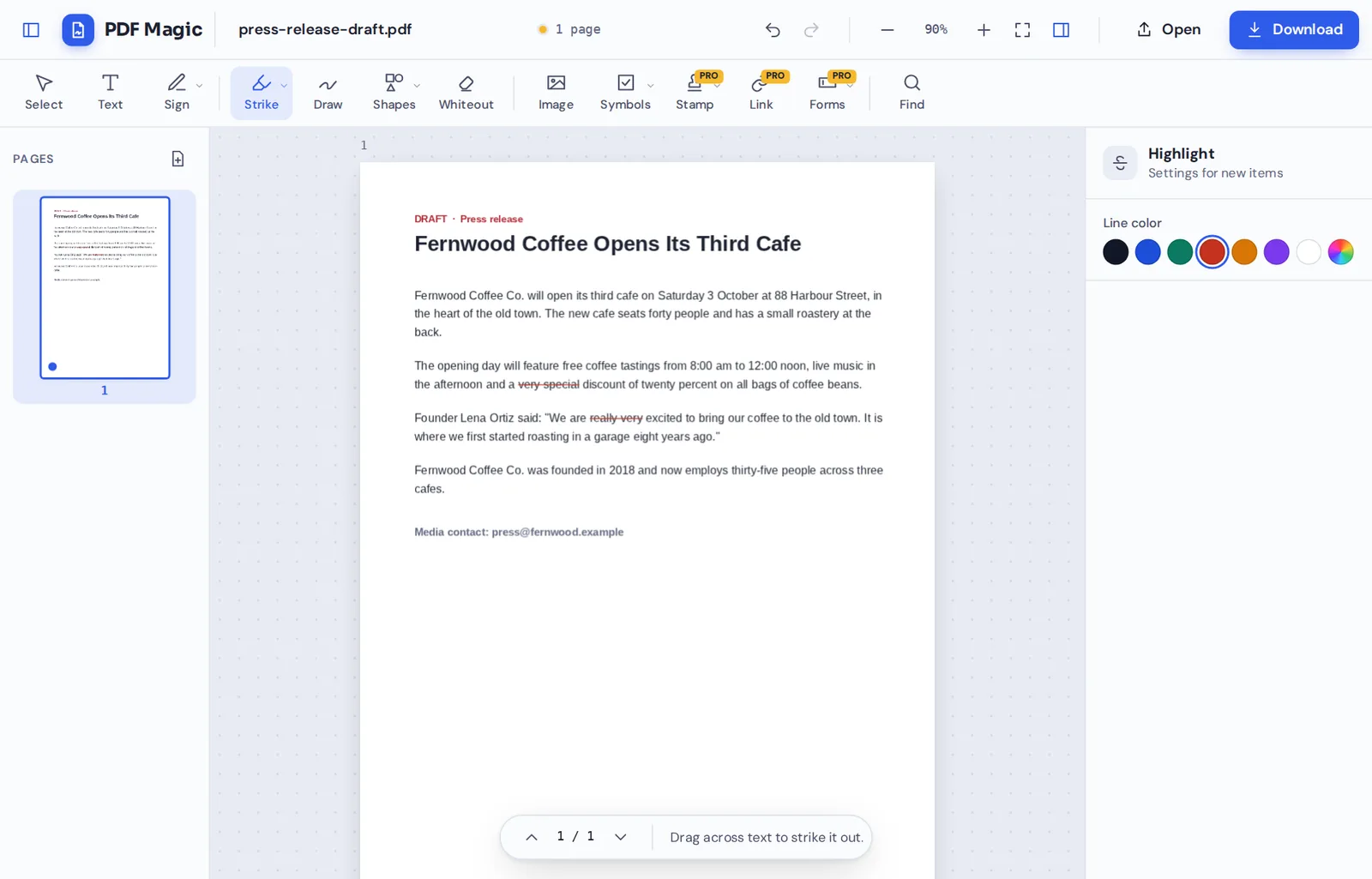 Strikethrough PDF online: a press release draft with crossed-out words in the PDF Magic editor
