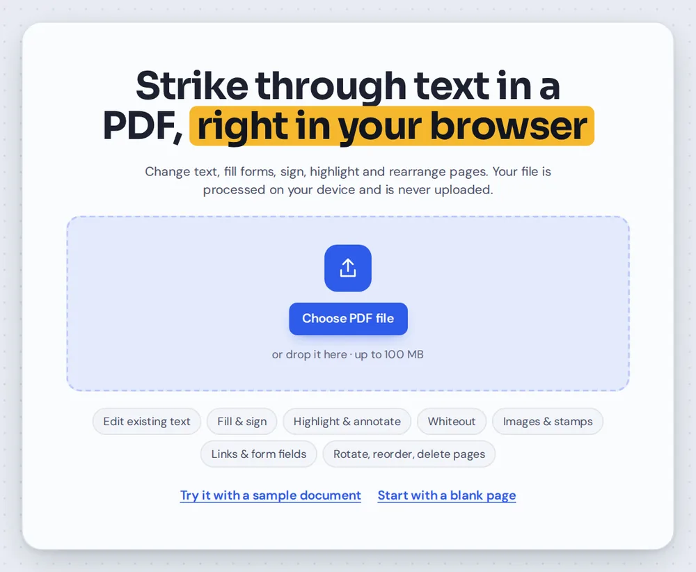 Open a draft to strikethrough PDF text by choosing it or dropping it on the editor