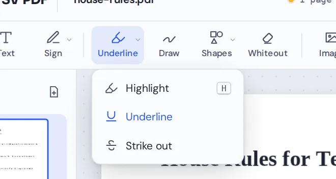 Highlight menu with the Underline option to underline PDF text