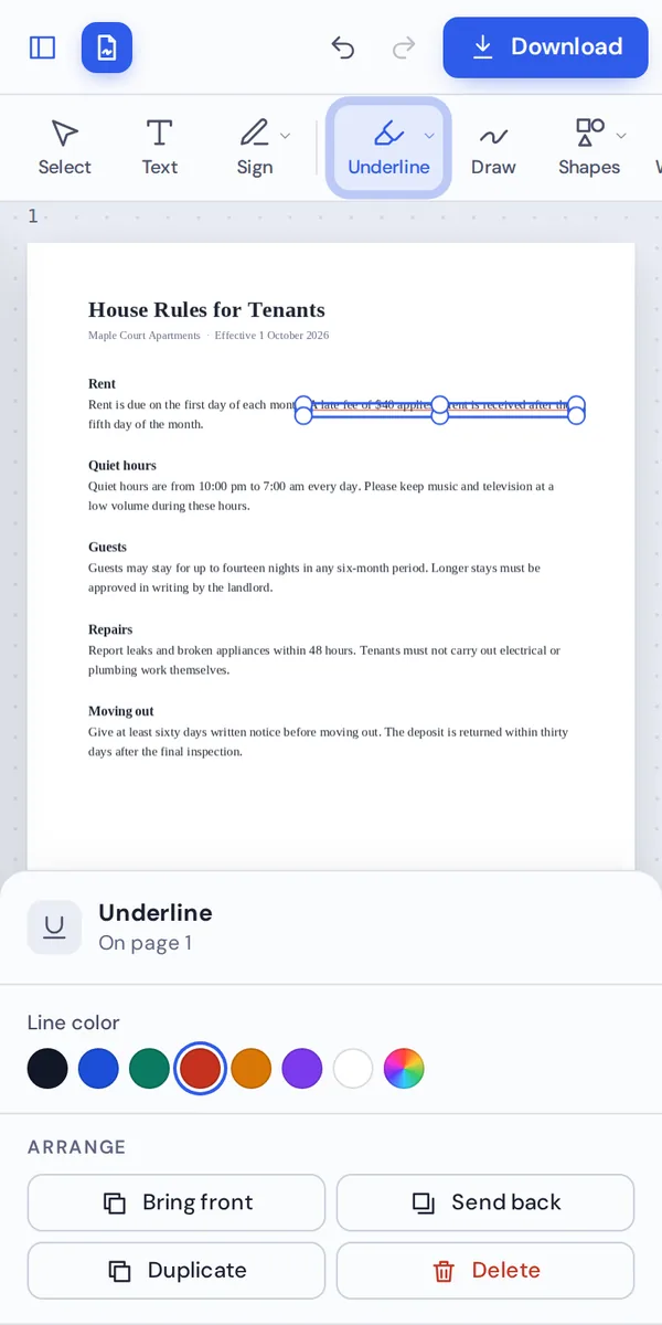 Underline PDF text on a phone by dragging a finger under the words