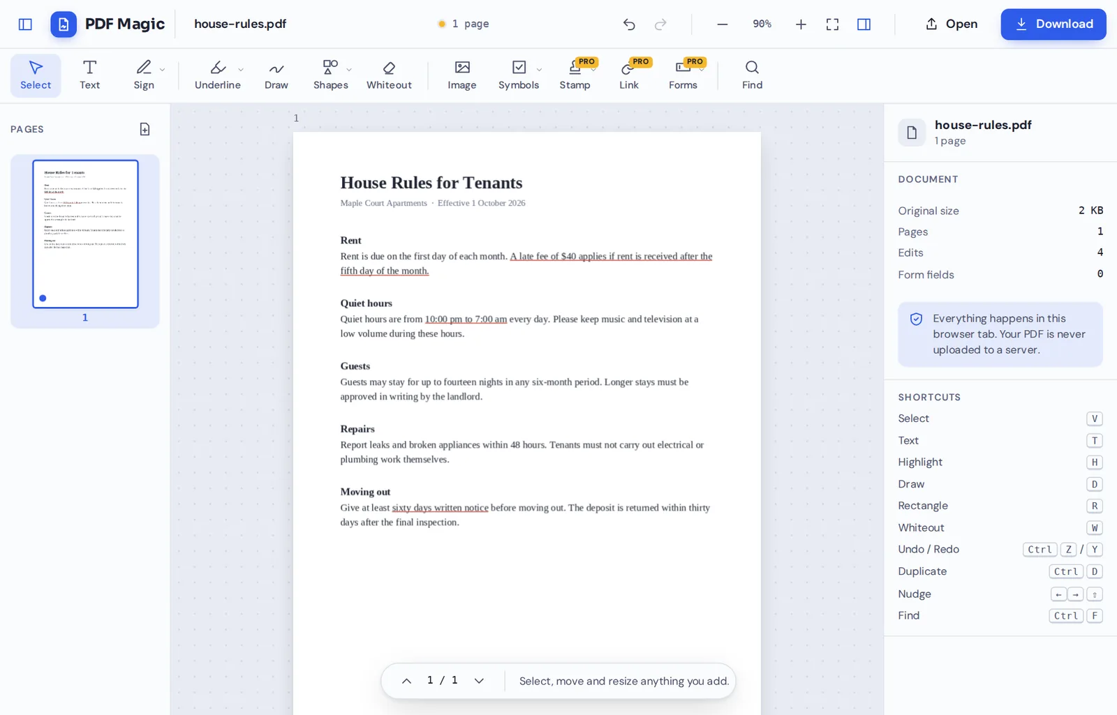 Underline PDF text online: tenancy rules with red underlines in the PDF Magic editor