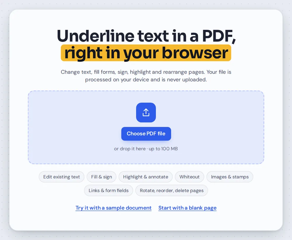 Open a document to underline PDF text pages by choosing it or dropping it on the editor