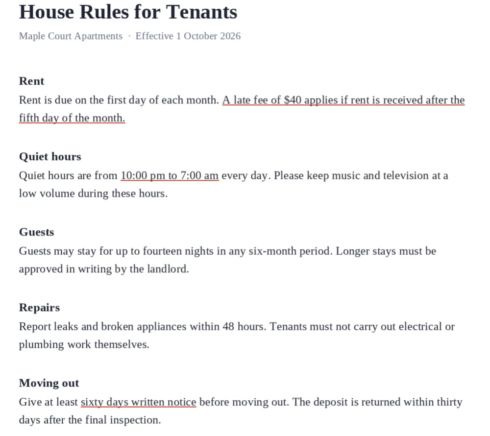 House rules with key terms marked using the underline PDF text tool