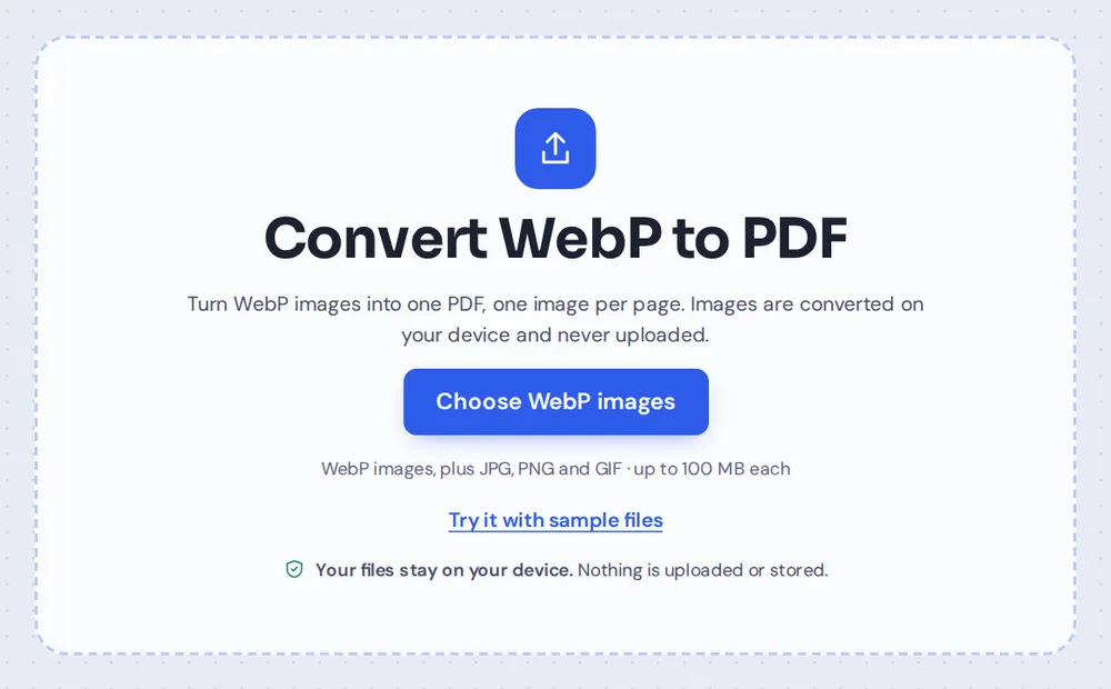 Choose WebP images or drop them on the WebP to PDF converter
