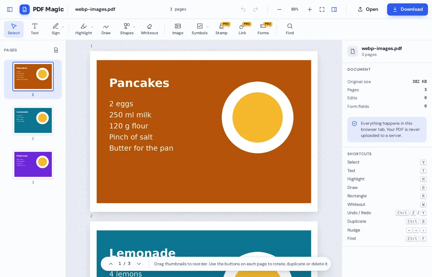 Recipe images converted with WebP to PDF, open in the PDF Magic editor