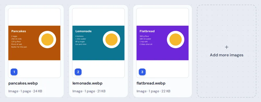 Three recipe cards saved as WebP in order for WebP to PDF