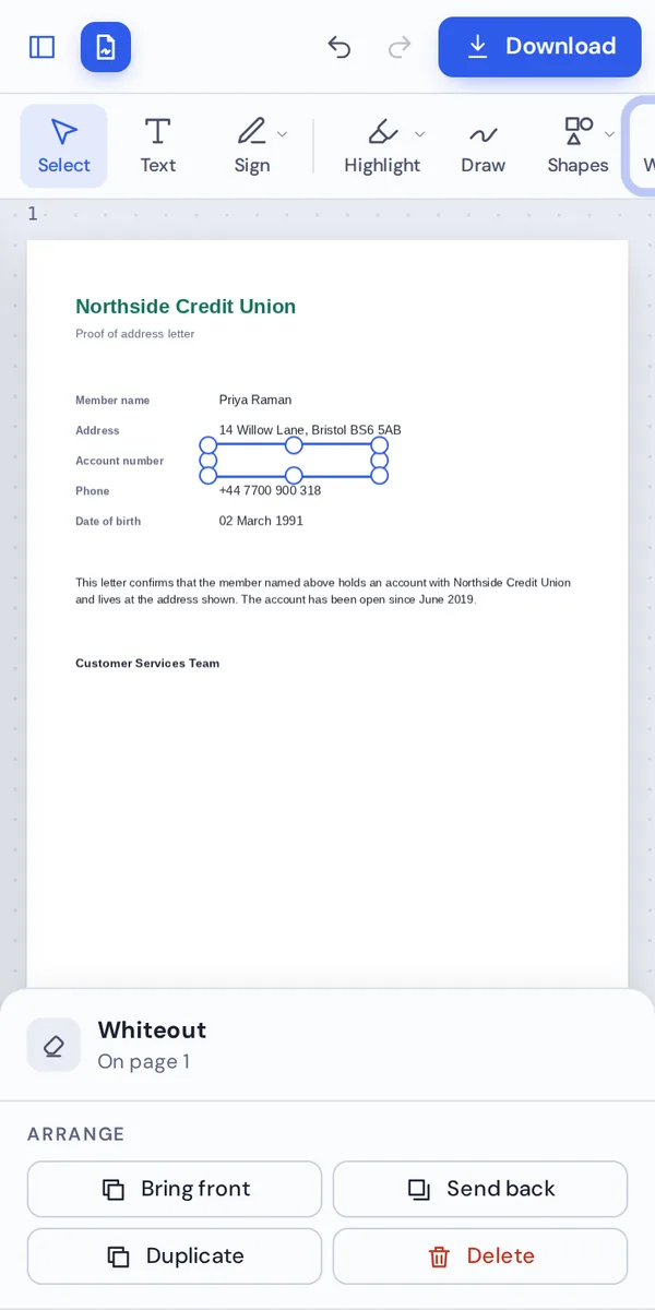 Covering a detail with whiteout in the PDF editor for Android