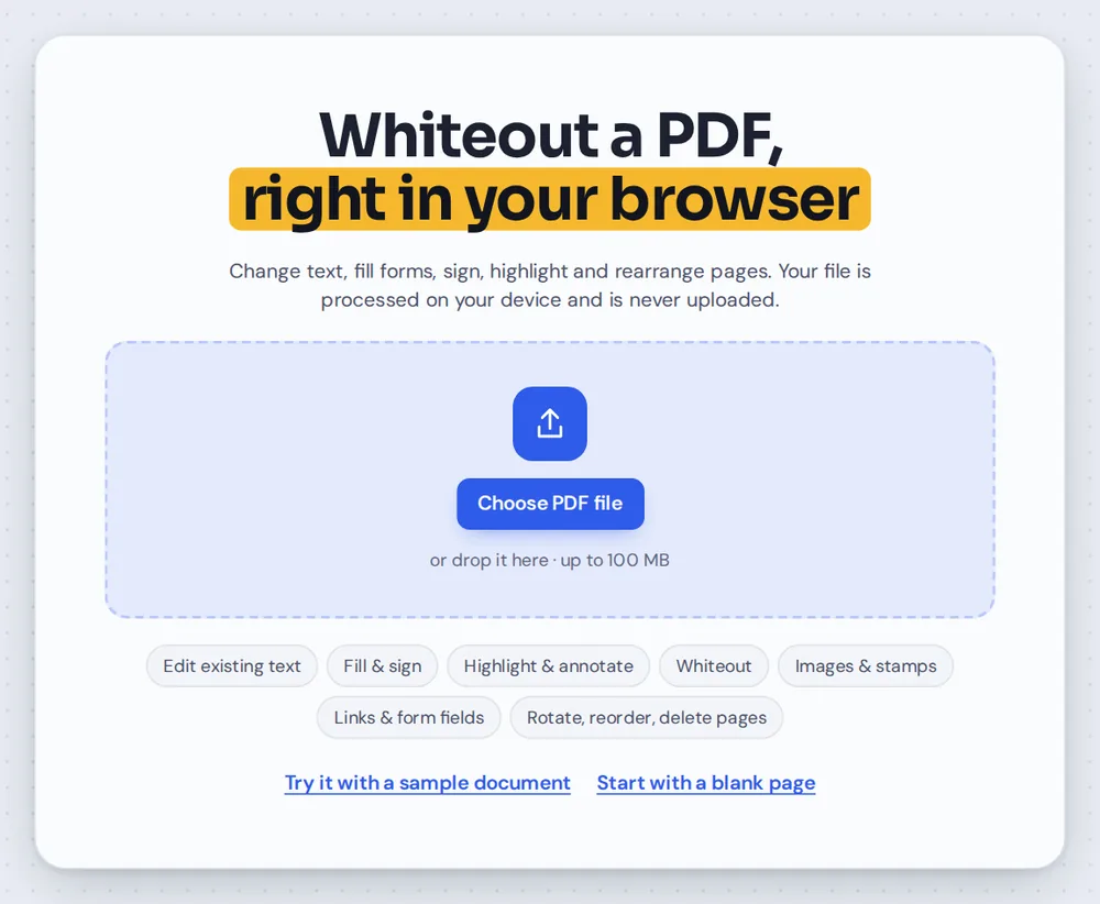 Open a document to whiteout PDF content by choosing it or dropping it on the editor
