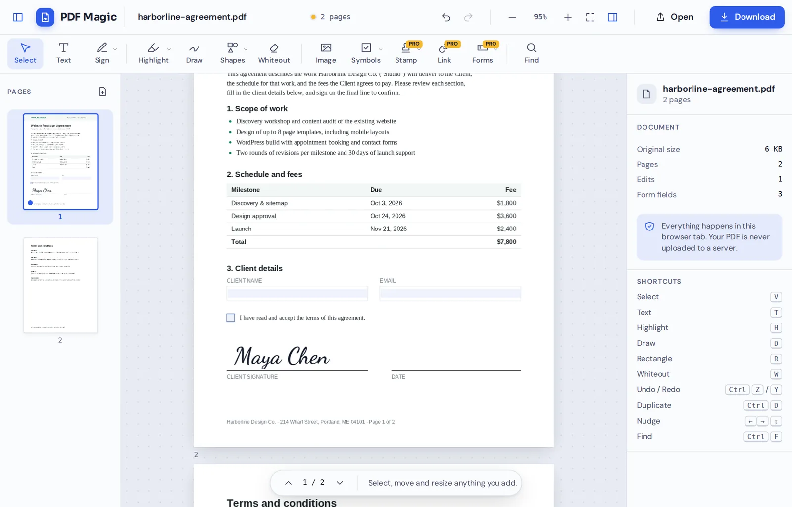 Signing a contract in PDF Magic, the free PDF editor that runs in your browser